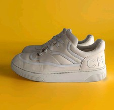 CHANEL CC Logo Ivory Cream Leather Womens Trainers Sneakers Shoes Lace Up G35063