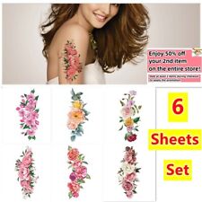 Set of 6 - Waterproof Temporary Tattoo Stickers Colorful Flower Arm & Body Art