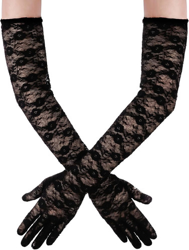 Black lace gloves women long - lace, women's