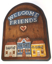 Wood Welcome Friends ❤️ Plaque Cottage Core Rustic Hand Carved & Painted USA Vtg