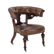 Mid c.19th Mahogany Leather Library Tub Armchair (Victorian, Captains Chair)