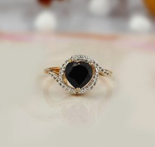 Natural Black Onyx Heart Wedding Ring, 925 Silver Engagement Proposal Ring