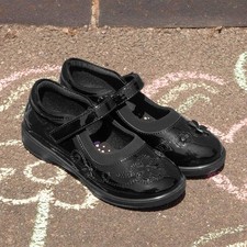 Walkright Girls Shoes Black Kids School Patent Easy Fasten Flowers Collins SIZE