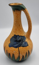 Crown Devon M/S Made in England Vintage Matte Orange Blue Floral Jug 8" Rare GC