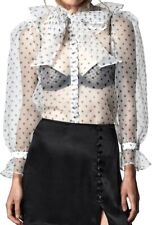 ZARA WHITE SHEER ORGANZA RUFFLE SHIRT BLOUSE PUSSY BOW POLKA DOT SPOT M