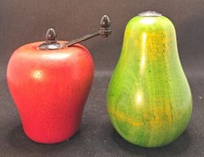 Vintage Wood 5" Green Pear Salt Shaker 3" Red Apple Pepper Grinder Set