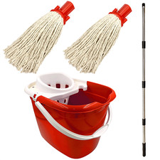 Floor Mop Bucket Set Cotton Mops Heavy Duty 12L Wringer Industrial Plastic Red