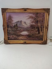 Vintage Landscape Oil Painting Canvas Mountain Scene Ornate Gold Frame Pink Tone