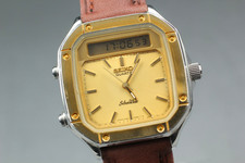 Rare! SEIKO Silver Wave H357-522A DIGI-ANA Gold UNISEX 34mm QZ Watch From JAPAN
