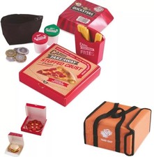 Wooden Pizza with Box and Bag Play Food Set Kitchen Kids Burger Fries