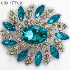 NEW LARGE SILVER FLOWER BROOCH BLUE DIAMANTE RHINESTONE CRYSTAL PIN BROACH GIFT