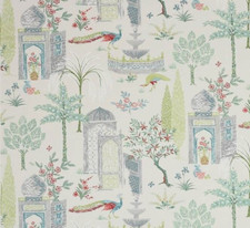 JANE CHURCHILL CURTAIN FABRIC "Persian Grove" 4.4 METRES GREEN/AQUA COTTON/LINEN