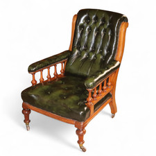 Vintage Mahogany Chesterfield Style Green Leather Library Chair / Armchair