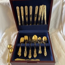 Farberware 45-Piece Gold Plated Flatware Set w/ Mahogany Storage Box – Used