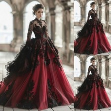 Gothic Black Red Wedding Dresses Long Sleeve Lace Applique Bridal Gown
