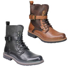 Mens Retro Biker Boots PU Leather 6 Ankle Lace up Side Zip Army Military Shoes