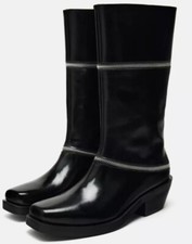 NEW Zara Black Leather Square Toe Zip Detail Mid Calf Boots Size 6 EUR 39