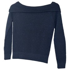 Navy Sparkle Bardot Jumper Ribbed Off Shoulder Knit Approx UK 12–14
