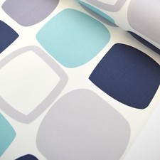 Blue Retro Wallpaper Grandeco Geometric Shapes Textured Vinyl Paste The Wall