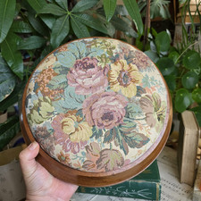 Vintage Wooden Footstool Floral Tapestry Cottage Country House
