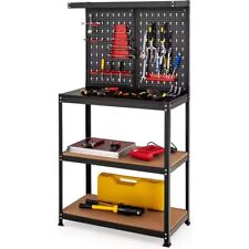 Work Bench, 32" x 16" Metal Workbench with Pegboard, 2 Lower Shelves & 14 Hangin