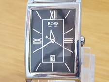 Mens Black Classic Hugo Boss Tank Style Slim Rectangle Mesh Bracelet Date Watch