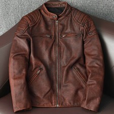 Genuine Cowhide Distressed Leather Motorcycle Jacket Classic Vintage Biker Style