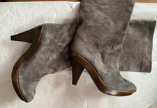 ITALY VINTAGE TALL BOOTS SUEDE IN GRAY ACCENT LEATHER PLATFORM BY KEYTE 41 10.5