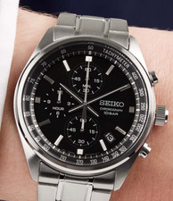 Seiko  Quartz Chronograph Black Dial Steel Bracelet Men’s Watch SSB379