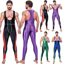 AMORESY Men Smooth Shiny Tracksuits Sports Bodysuit Wrestling Suspender Jumpsuit
