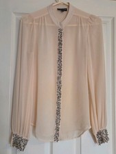 WAREHOUSE EMBELLISHED STUDDED chiffon Pink BLOUSE TOP SHIRT with Cuff detail 