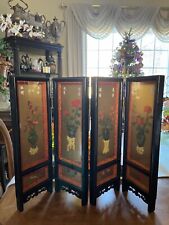 Vintage Asian Floral Jade Hand Carved Table Top 4 Panel Screen Glass Divider