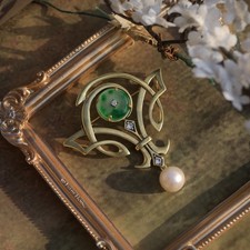 Stunning Art Nouveau Green Agate Agated Gold Oval Pendant Necklace SB22