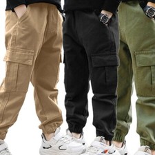 Kids Boys Cargo Jogger Pants Elastic Waist Baggy Pants Casual Hiking AU