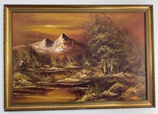 Very large oil painting on canvas Landscape Mountain sunset  signed framed