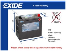Battery fits MAZDA MX5 1.5 1.6 1.8 2.0 Exide 048 390A 45Ah 4Yr Warranty
