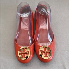 Tory Burch Reva Orange Flats Women’s Size 7.5 Leather Ballet Shoes Gold Logo