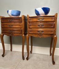 Pair Excellent NF Meuble French Carved Cherrywood 3 Drawer Bedside Drawers Table