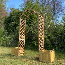 Wooden Garden Arch (Tan) with Pair of Garden Planters & Metal Ground Spikes