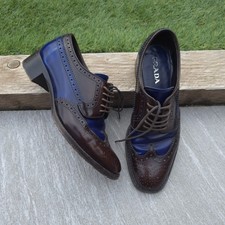 Prada Womens Brougue Shoes Block Heel Ombre Blue & Brown Leather 