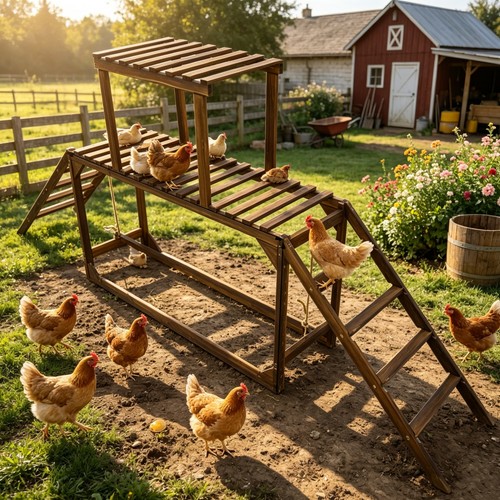Raised wooden chicken perch - raised,
