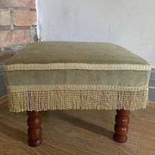 Vintage Fringed Footstool Sage  Green Small Retro Velvet Turned Legs 1960 Tassel