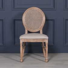 SECONDS Stackable French Style Wooden Dining Chair Linen Upholstery Rattan Back