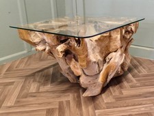 Live Edge Yewwood Root Tree Coffee Table With Glass Top