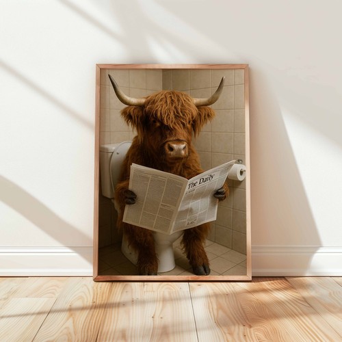 Highland cow reading newspaper - cow,
