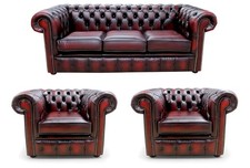 Chesterfield Sofa Suite Premium Oxblood Italian Leather 3 Seater/2xClub Chairs
