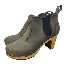 Swedish Hasbeens Gray nubuck Leather Heeled Clogs Wooden Sole Chelsea boots 39