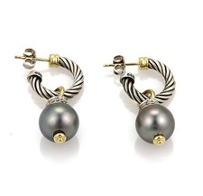 David Yurman Diamond & Tahitian Pearl 18k Gold & Sterling Hoop Dangle Earrings