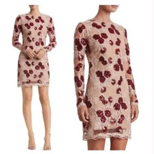 Dress the Population Stephanie Lace Sequin Red Tan Cocktail Dress Size Large