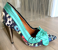 Lanvin for H&M pointy shoes purple silk Flowers, green bow, high metal heel, 40
